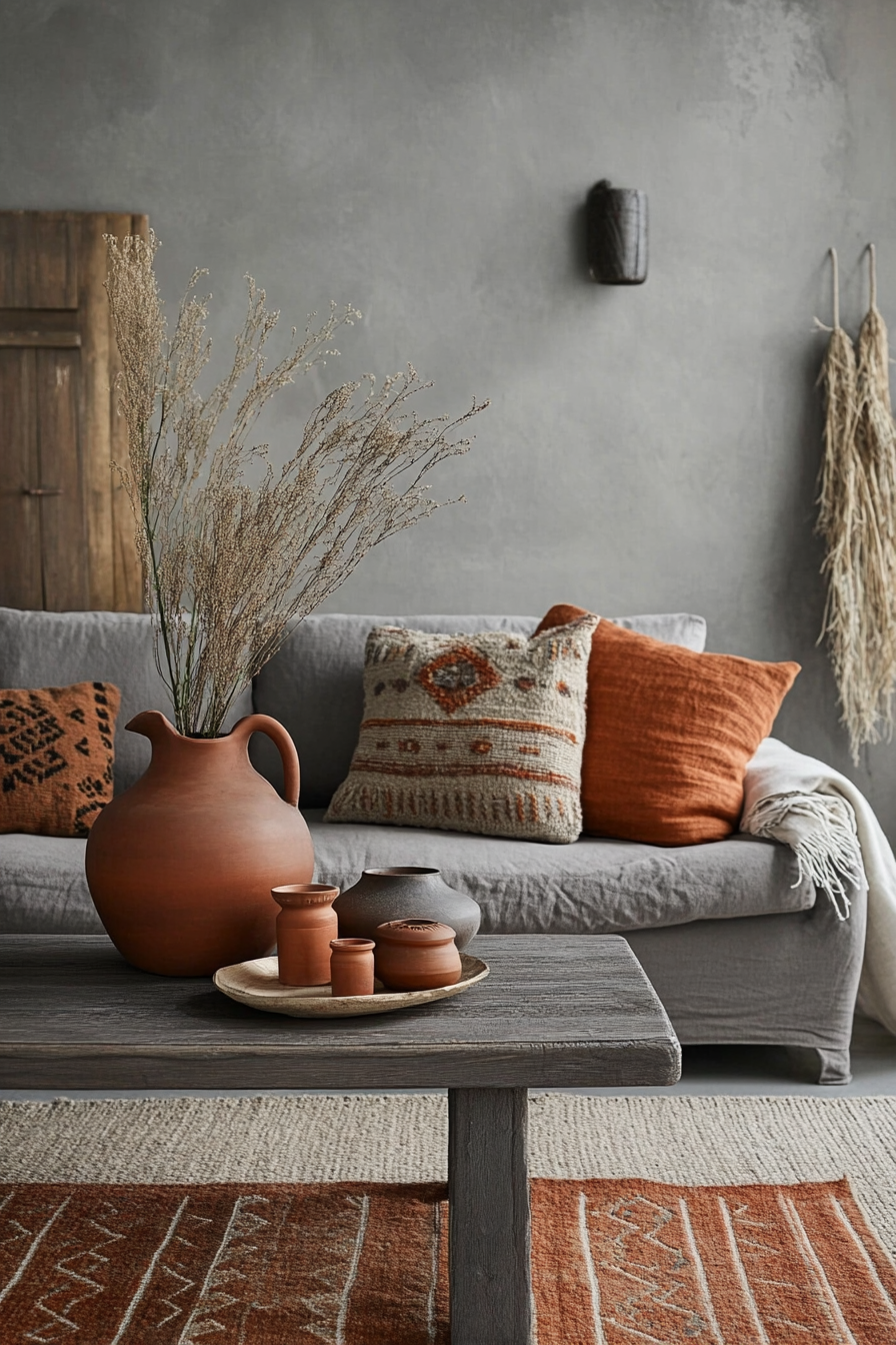 18. Gray Meets Warm Terracotta (Gray Living Room Ideas) - Gray Living Room Ideas