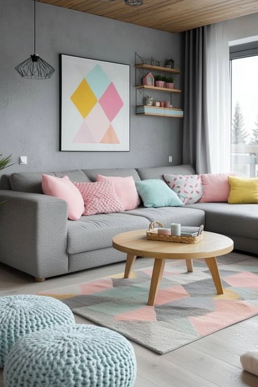 23. Pastel Pop on Gray Canvas (Gray Living Room Ideas) - Gray Living Room Ideas
