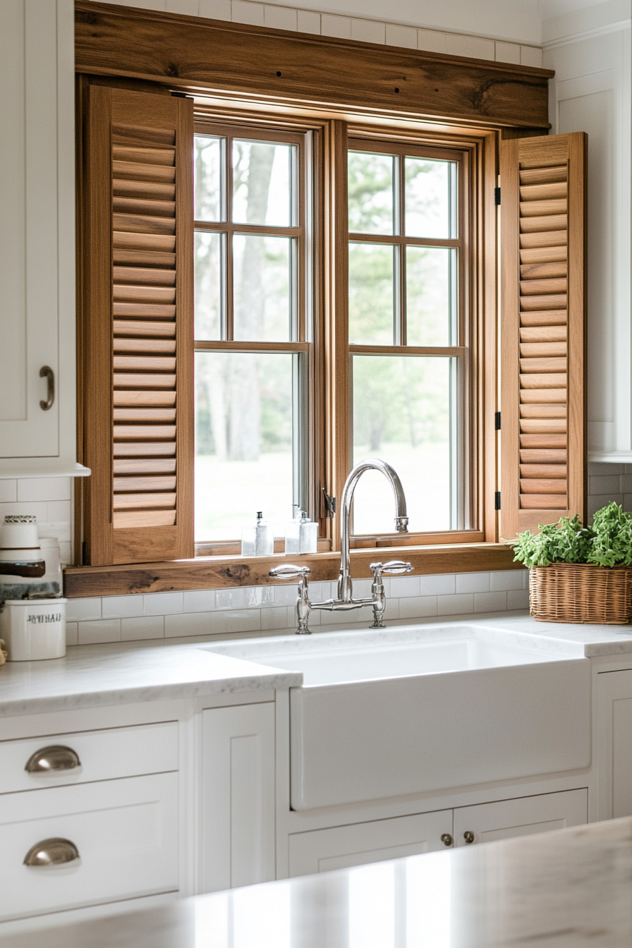 8. Sliding Window with Wooden Shutters (Kitchen Window Ideas) - Kitchen Window Ideas