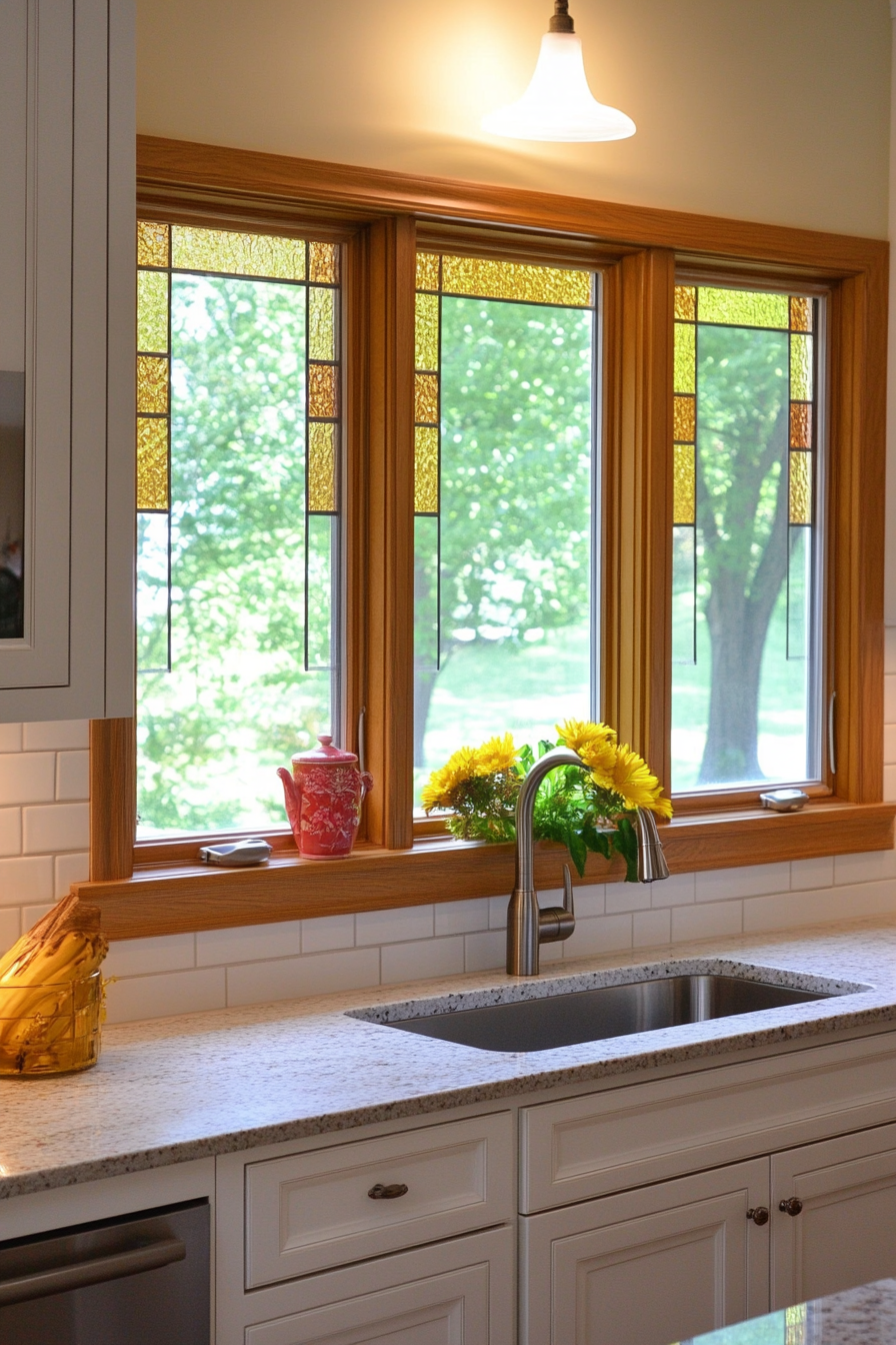 15. Colored Glass Panels in Warm Amber (Kitchen Window Ideas) - Kitchen Window Ideas