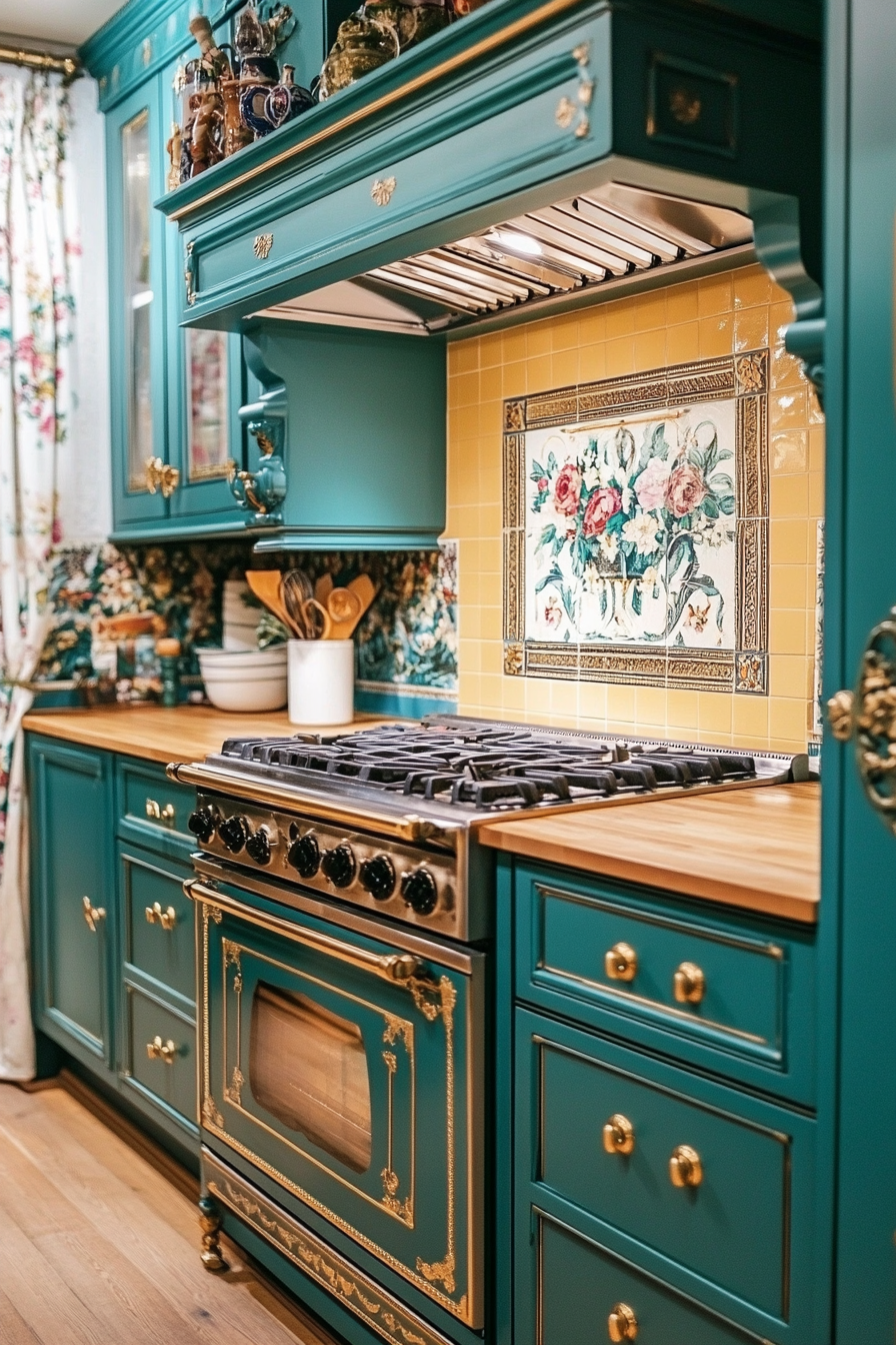 26. Teal and Gold Revival (Victorian Style Kitchen Ideas) - Victorian Style Kitchen Ideas