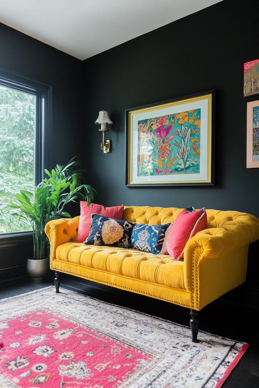 25. Playful Pop of Color (Black Living Room Ideas) - Black Living Room Ideas