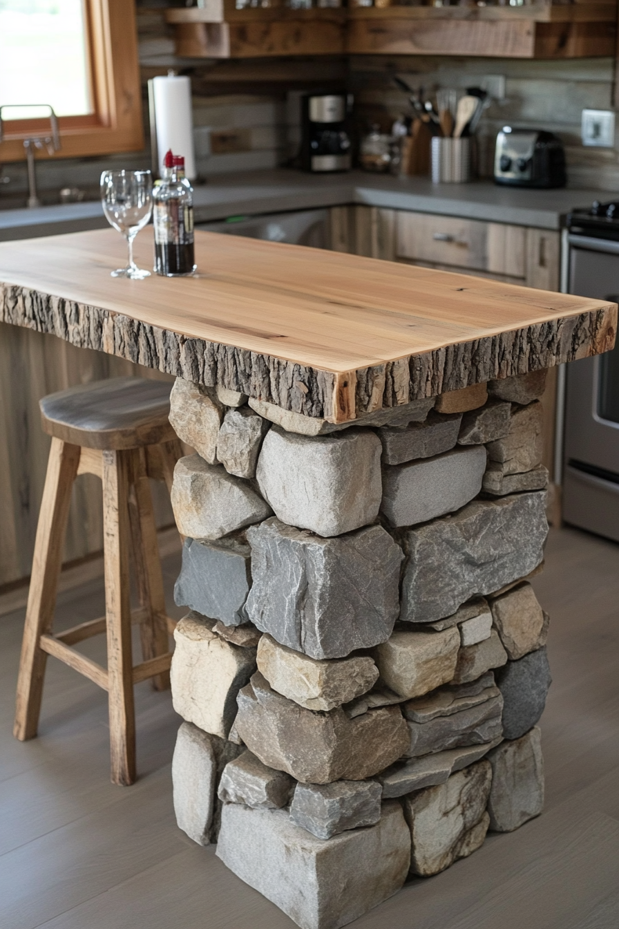 20. Earthy Stone and Timber (Rustic Kitchen Island Ideas) - Rustic Kitchen Island Ideas