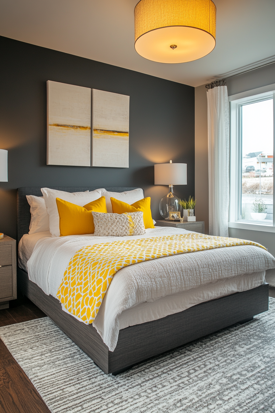 2. Modern Charcoal Luxe (Yellow And Gray Bedroom Ideas) - Yellow And Gray Bedroom Ideas
