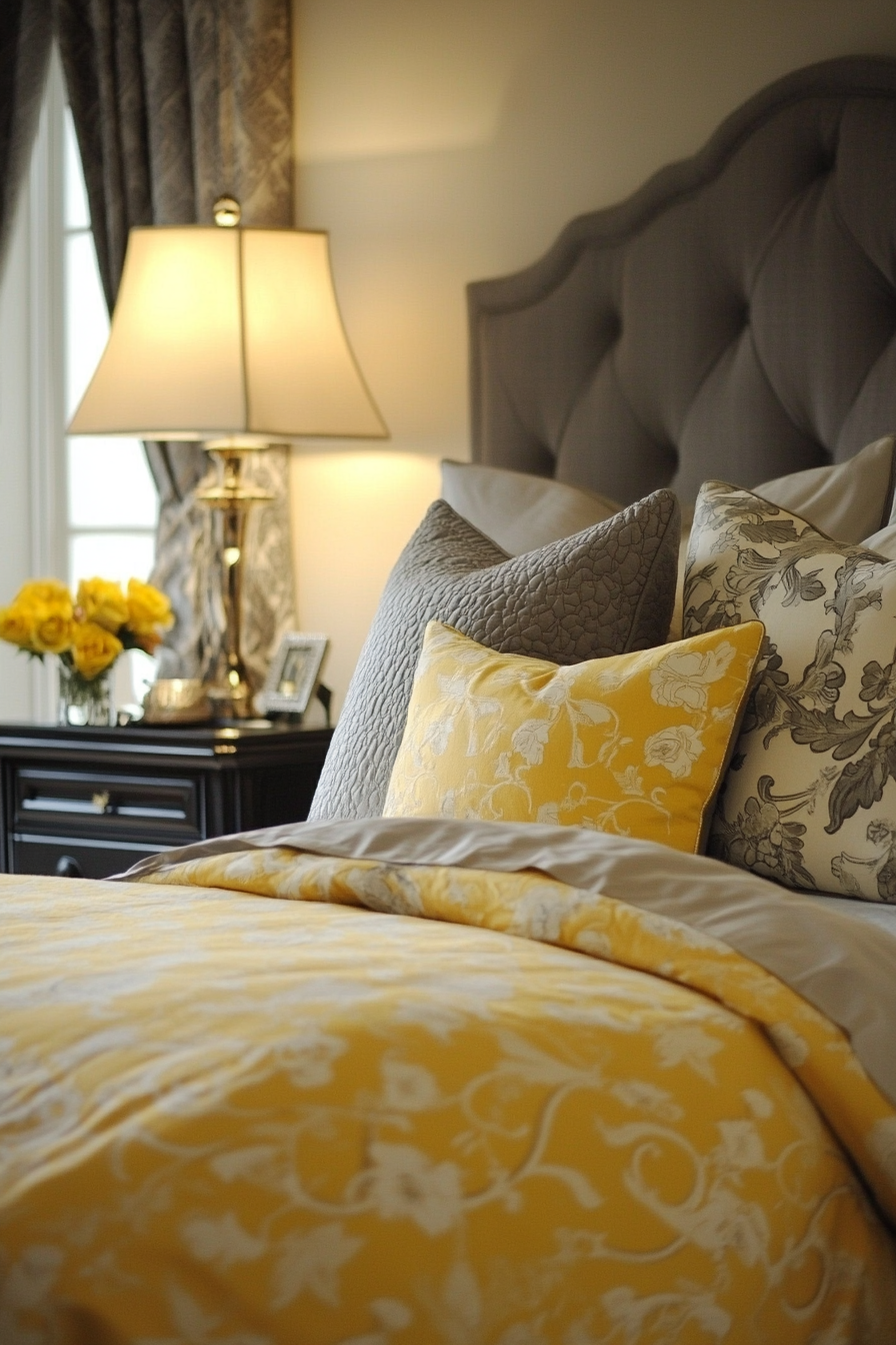 14. Amber and Pewter Elegance (Yellow And Gray Bedroom Ideas) - Yellow And Gray Bedroom Ideas