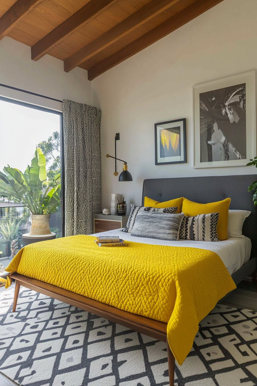 16. Mustard Mid-Century Vibes (Yellow And Gray Bedroom Ideas) - Yellow And Gray Bedroom Ideas