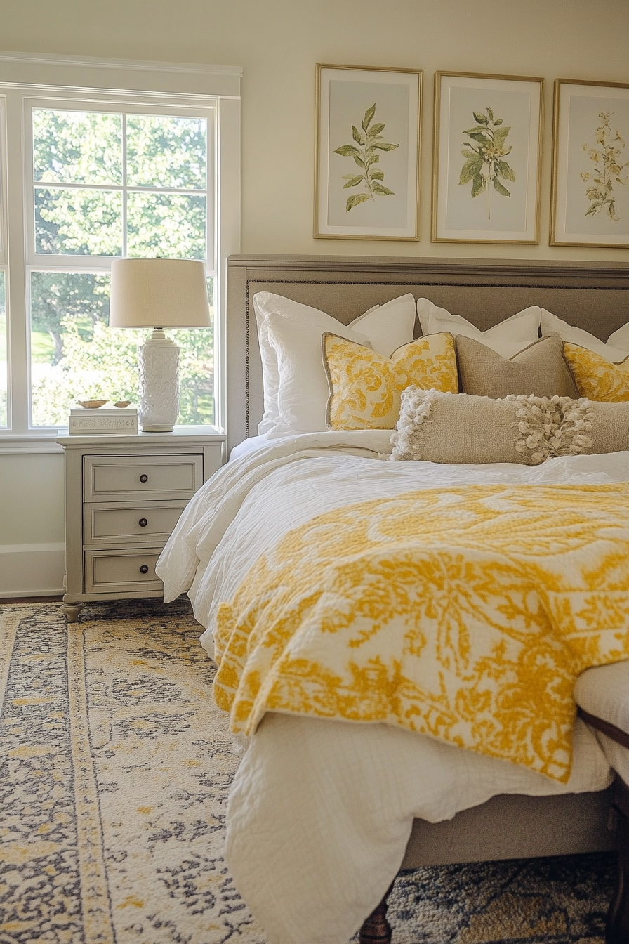 24. Golden Botanical Retreat (Yellow And Gray Bedroom Ideas) - Yellow And Gray Bedroom Ideas