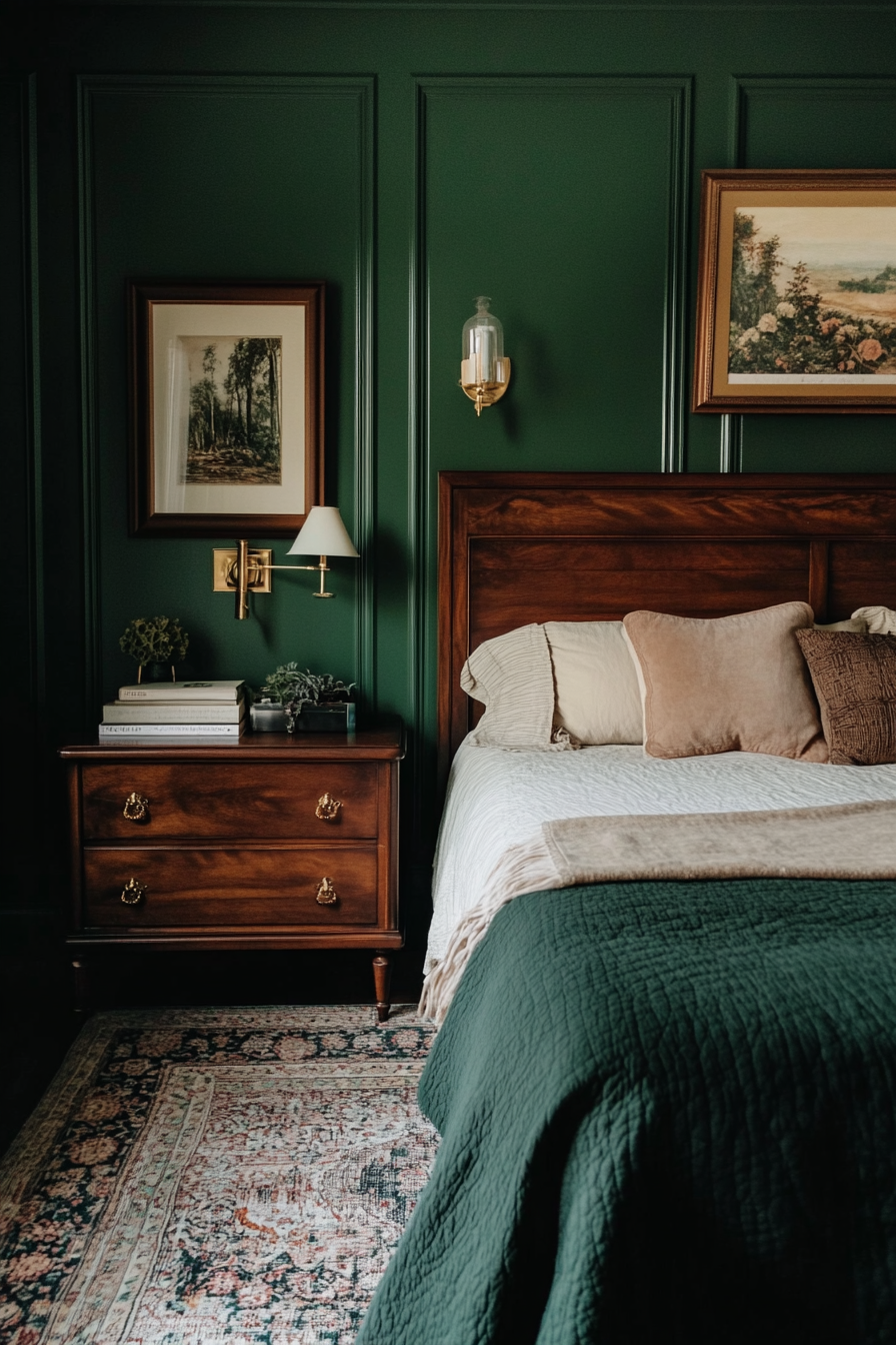 22. Evergreen & Brass Charm (Dark Green Bedroom Ideas) - Dark Green Bedroom Ideas