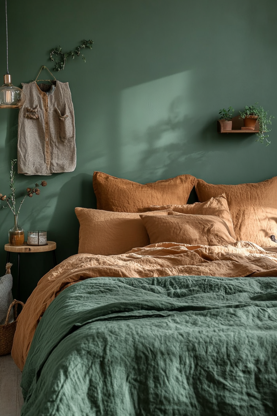 25. Pine & Sandstone Warmth (Dark Green Bedroom Ideas) - Dark Green Bedroom Ideas