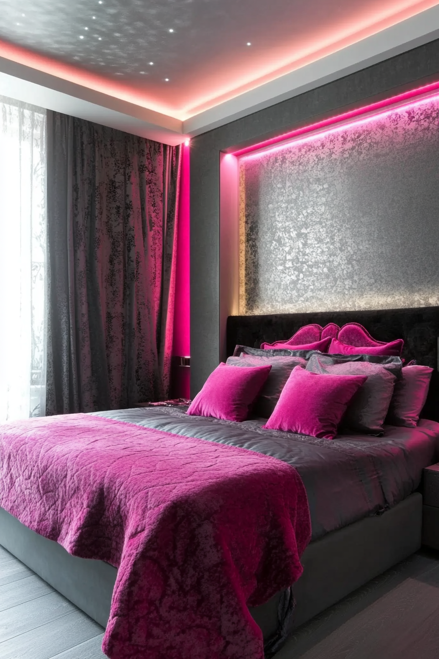 25. Fuchsia and Stone Grey Futuristic Edge (Pink And Grey Bedroom Ideas) - Pink And Grey Bedroom Ideas