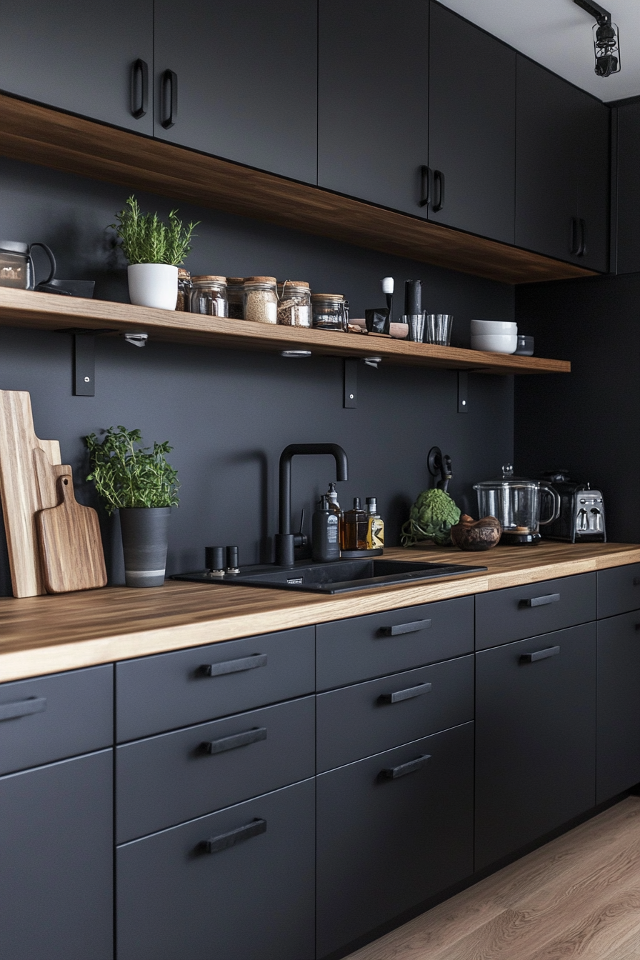 4. Natural Wood Accents (Black Kitchen Cabinets Ideas) - Black Kitchen Cabinets Ideas