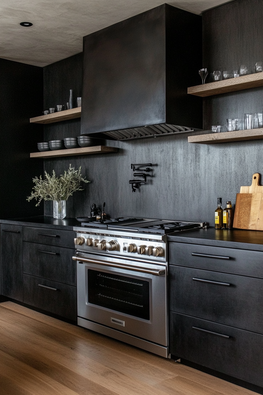23.  Black and Stainless Steel (Black Kitchen Cabinets Ideas) - Black Kitchen Cabinets Ideas